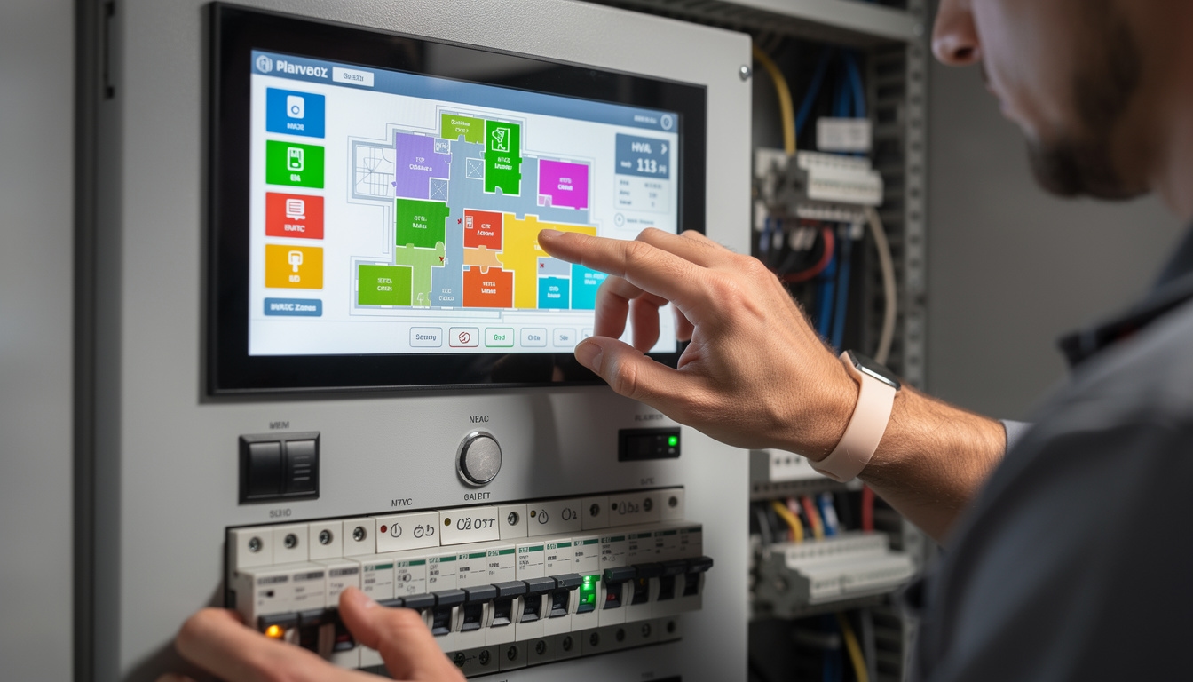 Panel de automatización de edificio con controladores y displays
