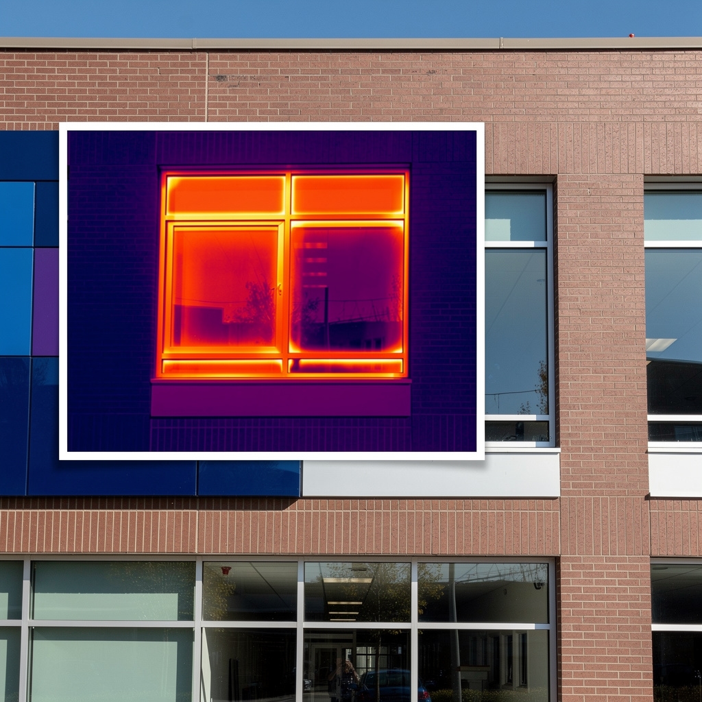 Imagen termográfica de fachada de edificio mostrando pérdidas térmicas
